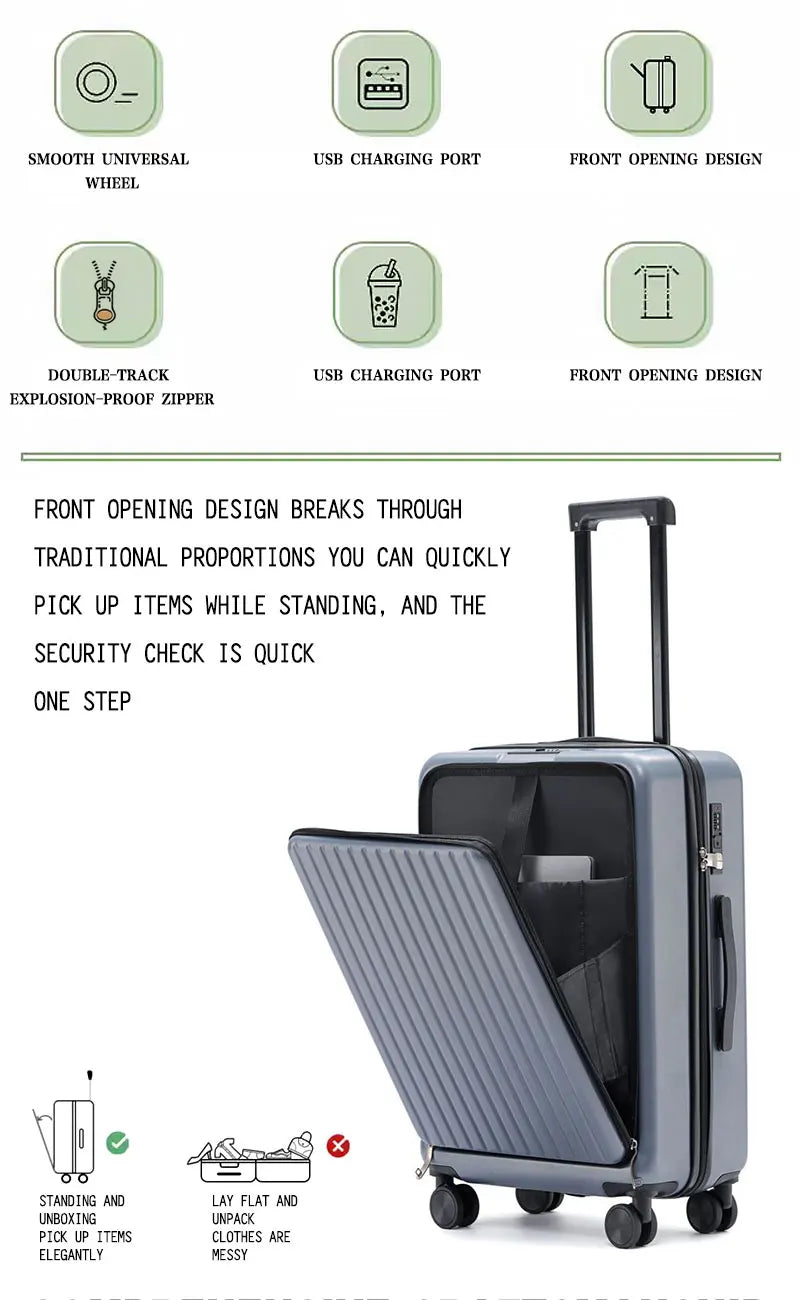 Front Opening Suitcase with USB & Cup Holder