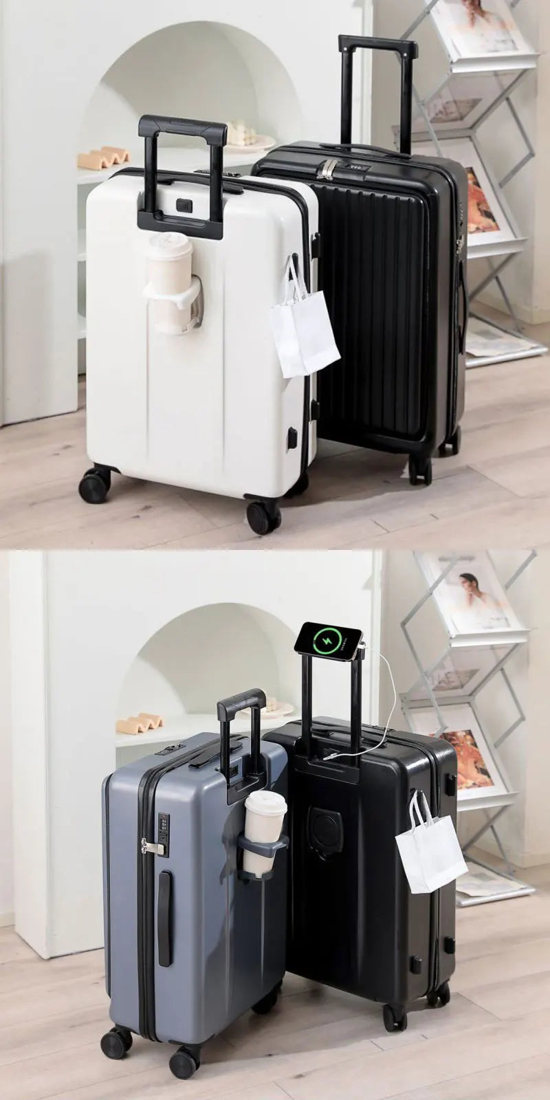 Front Opening Suitcase with USB & Cup Holder