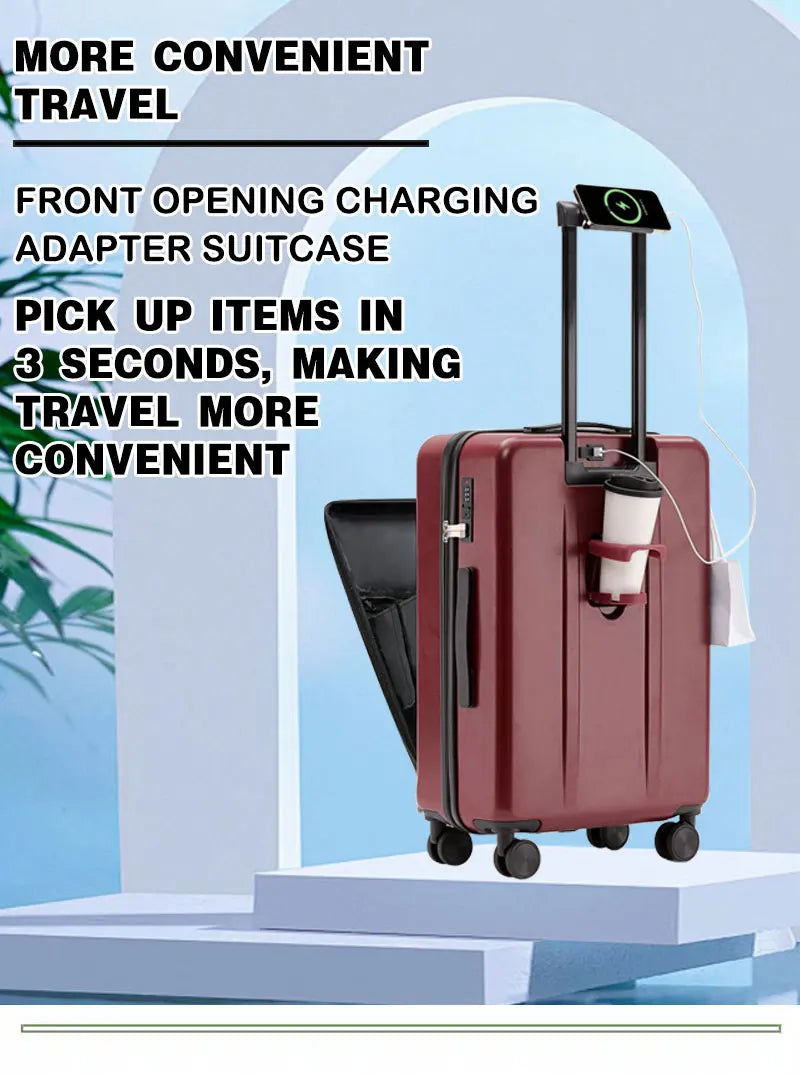 Front Opening Suitcase with USB & Cup Holder